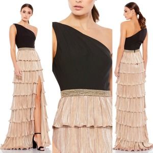 Mac Duggal One Shoulder Layered Metallic Ruffle Gown Black Gold 26541 12 New